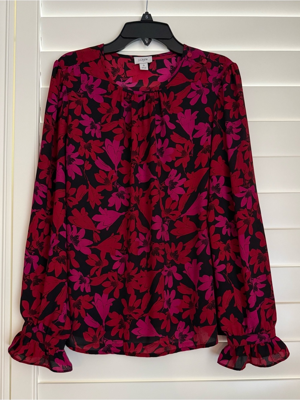 J. Crew Floral Long-Sleeve Blouse in Black, Red & Pink. Gently Used, Like New.